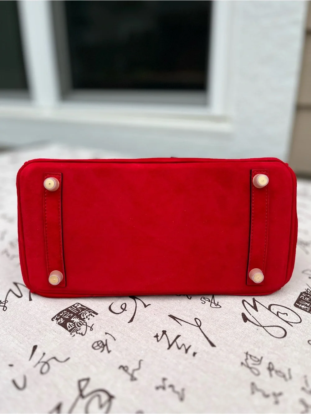 Red Suede Double-Handle Handbag 25cm with Gold-tone Hardware - New